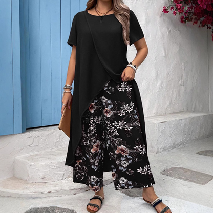 🌸 Top și pantaloni imprimate de culoare solidă pentru femei