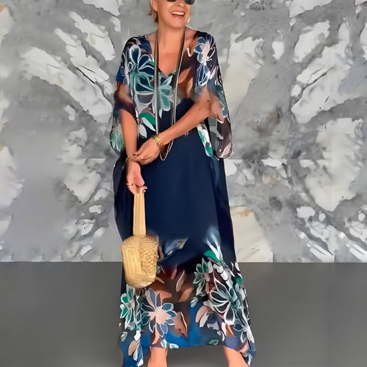 Елегантни шифон V-образно деколте печатни дълги рокли