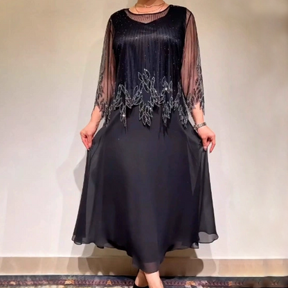 Rochie elegantă, în culori uni, cu suprapunere transparentă strălucitoare