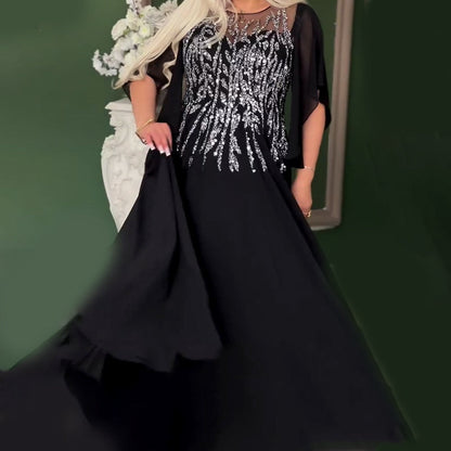 Rochii de seară elegante pentru femei, cu guler rotund și dantelă cu strasuri