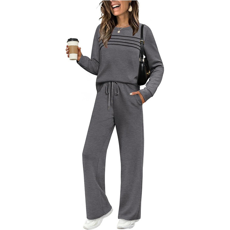 👚Elegant Pleats, Urban Casual – Women's Crew Neck Top & Drawstring Pants Set, Relaxed & Comfortable ✨