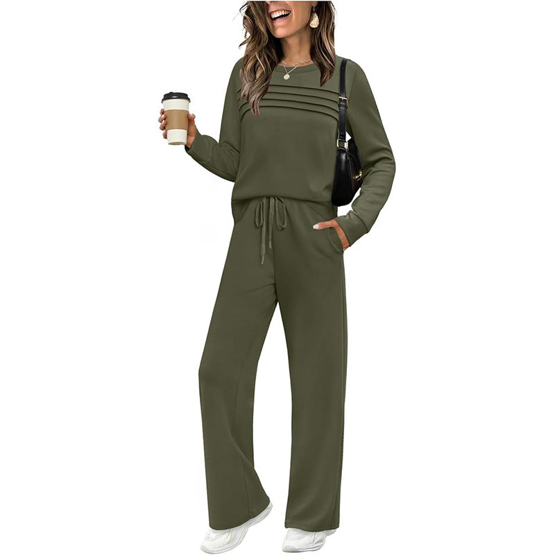 👚Elegant Pleats, Urban Casual – Women's Crew Neck Top & Drawstring Pants Set, Relaxed & Comfortable ✨