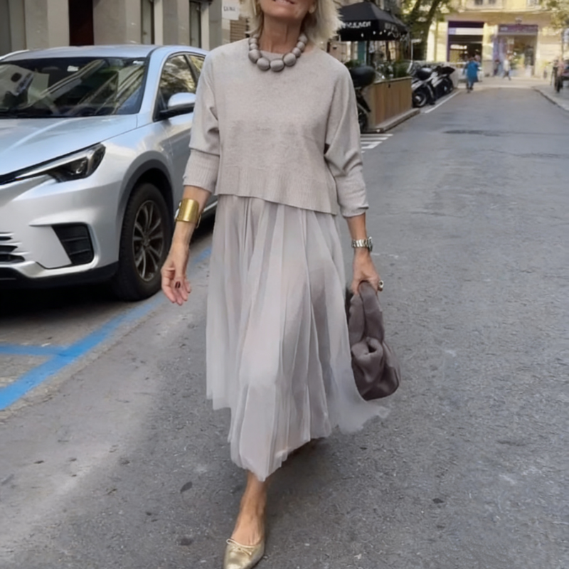 🌸Elegant Mesh, Romantic Flow – Women's Knit Top & Sleeveless Dress Set ✨