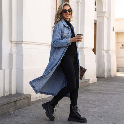 ✨Longline Slimming, Layer in Style🧥 Women's Longline Button-Up Denim Coat – Slim Cut & Layer-Friendly