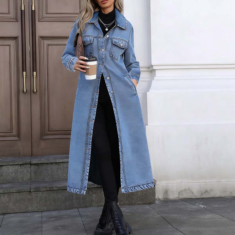 ✨Longline Slimming, Layer in Style🧥 Women's Longline Button-Up Denim Coat – Slim Cut & Layer-Friendly