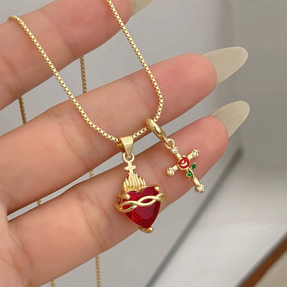 🌹✨ Pandantiv Cruciulită cu Trandafir și Inimă Roșie – Un Cadou Perfect! 💖🎁