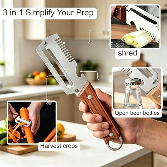 🥕✨ Răzătoare Multifuncțională 3-în-1 cu Deschizător de Sticle – Lame din Oțel Inoxidabil și Mâner din Lemn! 🔪🍷