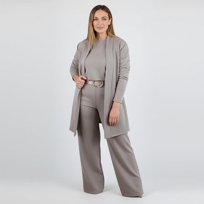 👗Elegant 3-Piece Set, Effortless Styling – Women's Long Cardigan, Top & Pants Set ✨