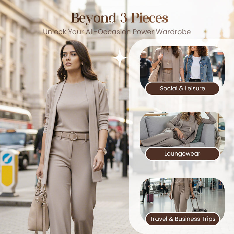 👗Elegant 3-Piece Set, Effortless Styling – Women's Long Cardigan, Top & Pants Set ✨