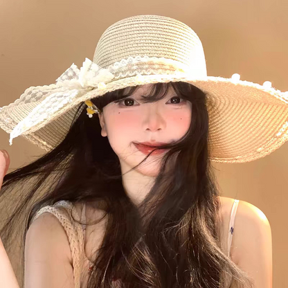 👒✨ Pălărie la Modă cu Boruri Larga și Fundă din Dantelă – Eleganță de Vară, Protecție Solară și Farmec Romantic! 🌸☀️