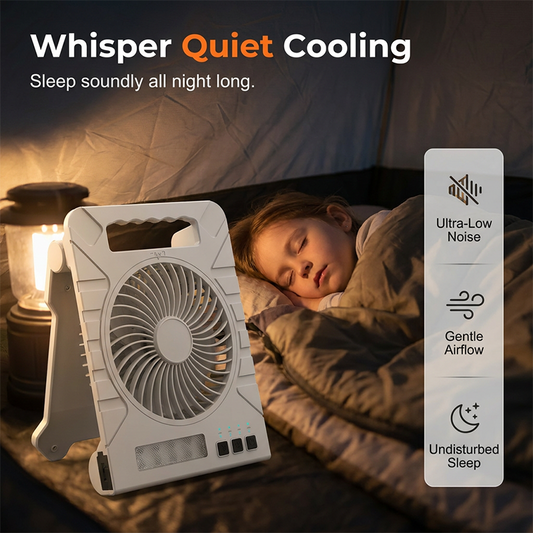 🌞 Ventilator de Exterior cu Dublă Sursă de Energie, Panou Solar și Lumină Integrată – Răcoare și Iluminat Sustenabil Oriunde te Afli! 🏕️