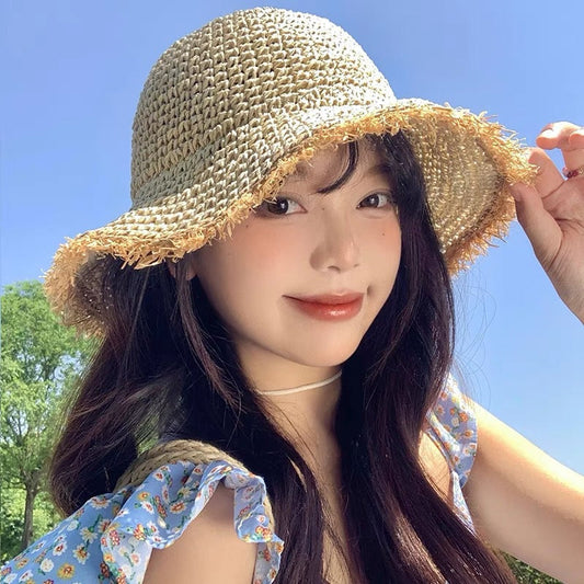 🌊 Esențiale de plajă : Pălărie de paie manuală, bor lat, femei 👒😍