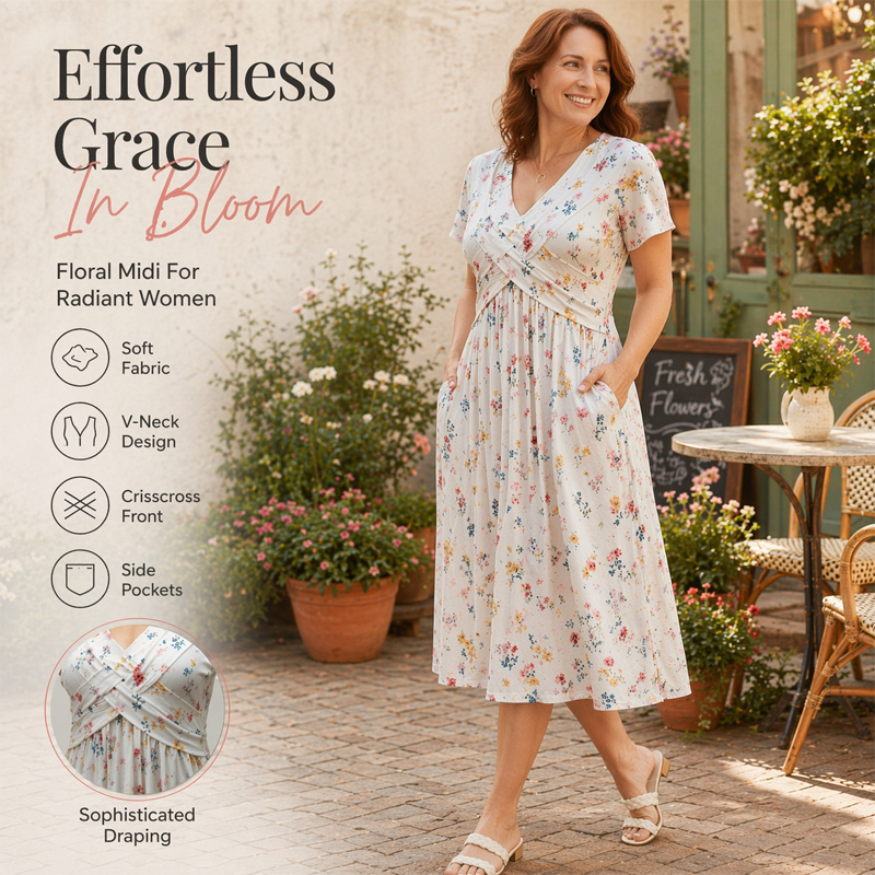 🌸Twist Waist, Slimming Fit👗 Women's V-Neck Floral Dress – Twist Waist Design | Perfect for Dates, Parties & Vacations, Accentuates Your Curves ✨