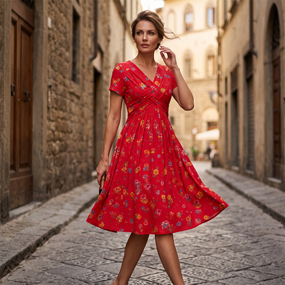 🌸Twist Waist, Slimming Fit👗 Women's V-Neck Floral Dress – Twist Waist Design | Perfect for Dates, Parties & Vacations, Accentuates Your Curves ✨
