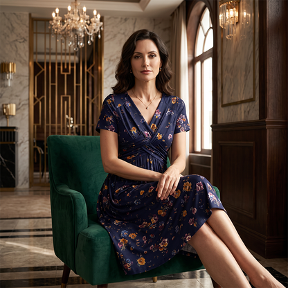 🌸Twist Waist, Slimming Fit👗 Women's V-Neck Floral Dress – Twist Waist Design | Perfect for Dates, Parties & Vacations, Accentuates Your Curves ✨