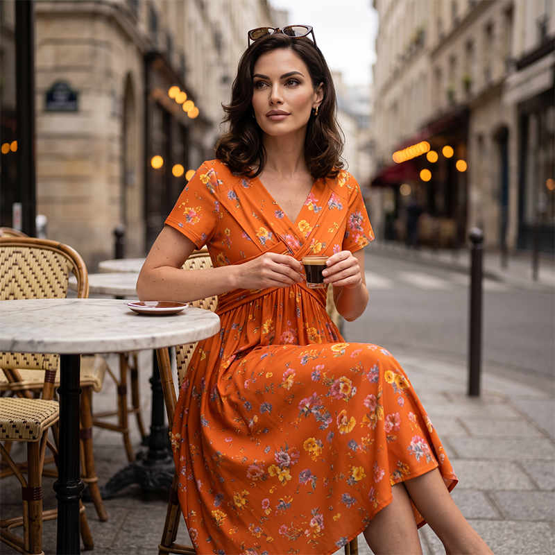 🌸Twist Waist, Slimming Fit👗 Women's V-Neck Floral Dress – Twist Waist Design | Perfect for Dates, Parties & Vacations, Accentuates Your Curves ✨