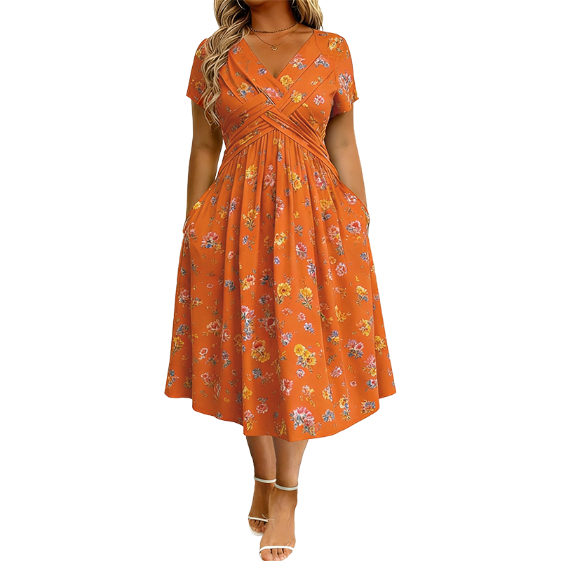 🌸Twist Waist, Slimming Fit👗 Women's V-Neck Floral Dress – Twist Waist Design | Perfect for Dates, Parties & Vacations, Accentuates Your Curves ✨