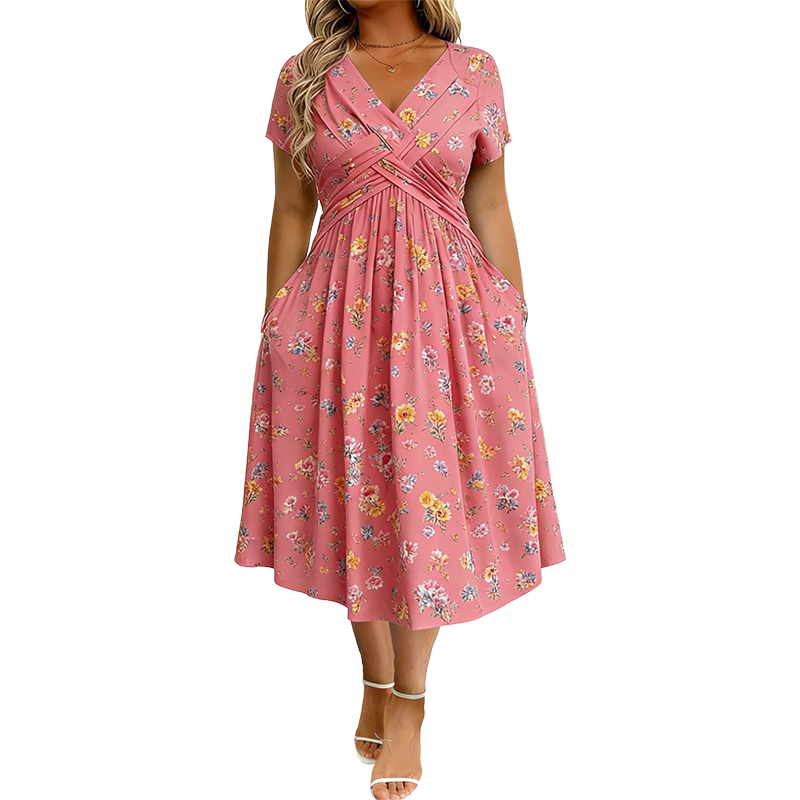 🌸Twist Waist, Slimming Fit👗 Women's V-Neck Floral Dress – Twist Waist Design | Perfect for Dates, Parties & Vacations, Accentuates Your Curves ✨