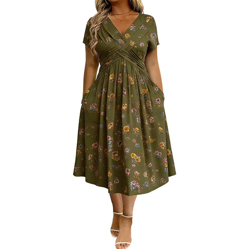 🌸Twist Waist, Slimming Fit👗 Women's V-Neck Floral Dress – Twist Waist Design | Perfect for Dates, Parties & Vacations, Accentuates Your Curves ✨