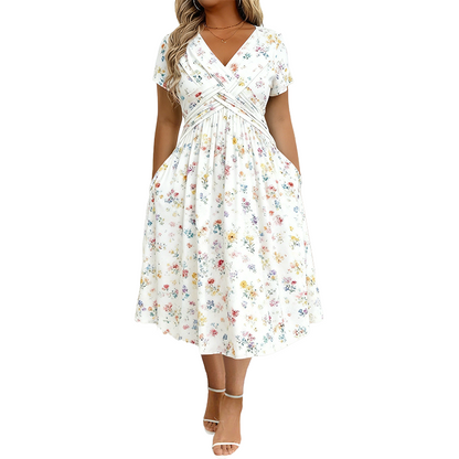 🌸Twist Waist, Slimming Fit👗 Women's V-Neck Floral Dress – Twist Waist Design | Perfect for Dates, Parties & Vacations, Accentuates Your Curves ✨