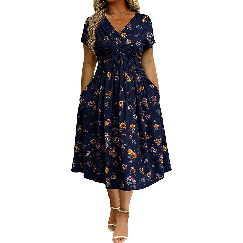 🌸Twist Waist, Slimming Fit👗 Women's V-Neck Floral Dress – Twist Waist Design | Perfect for Dates, Parties & Vacations, Accentuates Your Curves ✨
