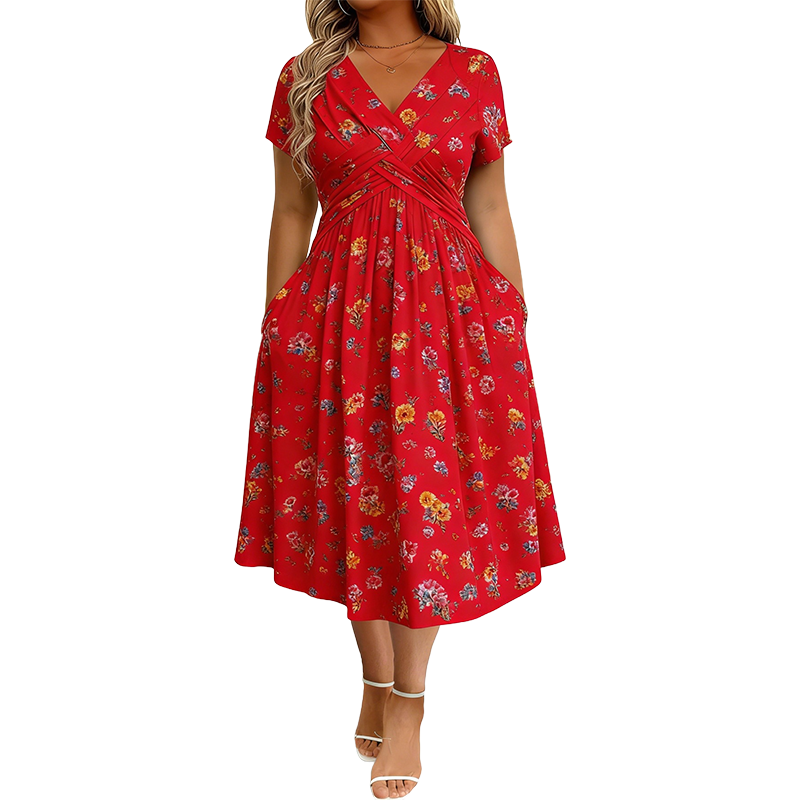 🌸Twist Waist, Slimming Fit👗 Women's V-Neck Floral Dress – Twist Waist Design | Perfect for Dates, Parties & Vacations, Accentuates Your Curves ✨