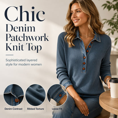 ✨ Women's Denim Collar Patchwork Knit Top – Contrast Collar & Loose Fit | Perfect for Commute & Casual