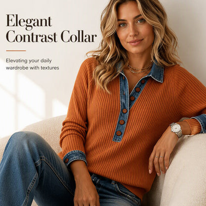 ✨ Women's Denim Collar Patchwork Knit Top – Contrast Collar & Loose Fit | Perfect for Commute & Casual