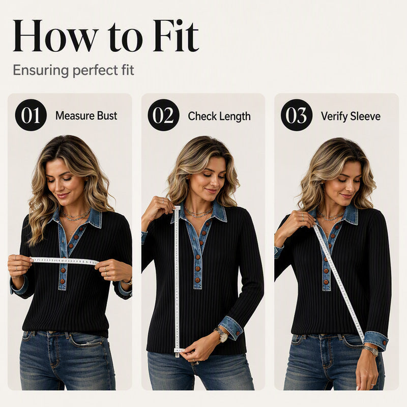 ✨ Women's Denim Collar Patchwork Knit Top – Contrast Collar & Loose Fit | Perfect for Commute & Casual