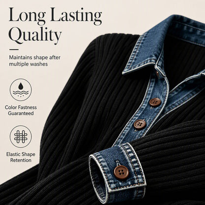 ✨ Women's Denim Collar Patchwork Knit Top – Contrast Collar & Loose Fit | Perfect for Commute & Casual