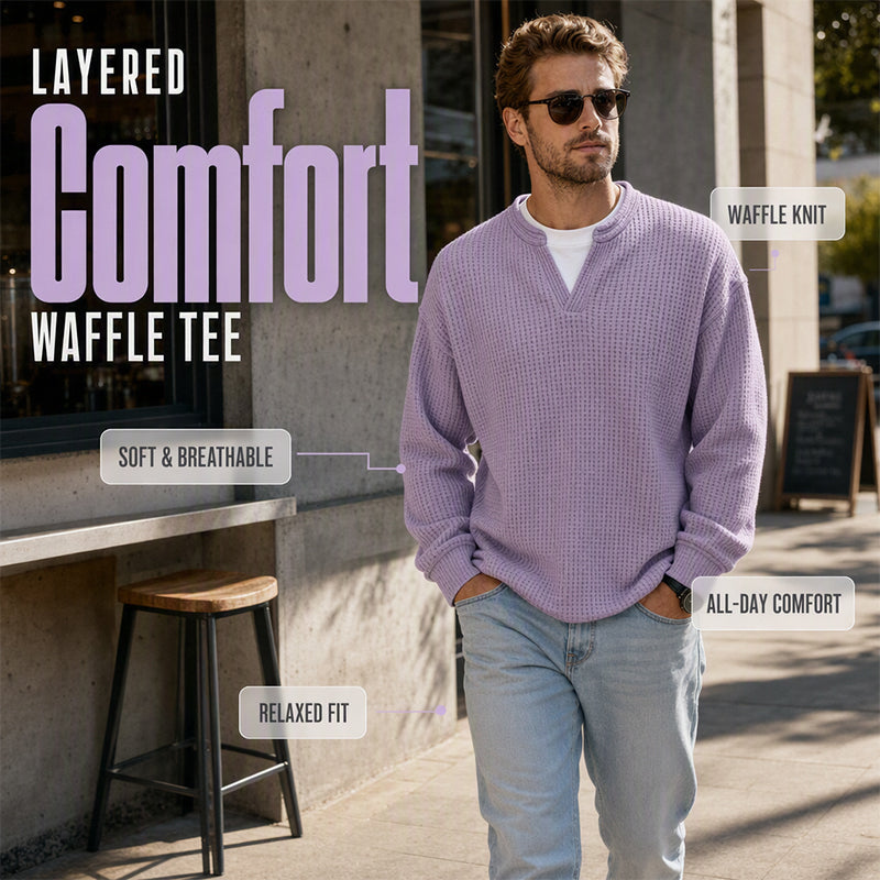👕 Mock-Layer Waffle Long Sleeve Tee – Mock-Layer Neckline & Textured Waffle Finish | Perfect for Commute, City Outings & Casual Wear ✨