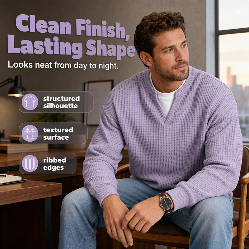 👕 Mock-Layer Waffle Long Sleeve Tee – Mock-Layer Neckline & Textured Waffle Finish | Perfect for Commute, City Outings & Casual Wear ✨
