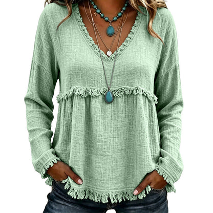 ☁️Relaxed Comfort, Everyday Wear👚 Women's V-Neck Long Sleeve Top – Lightweight Fabric, Easy to Style ✨