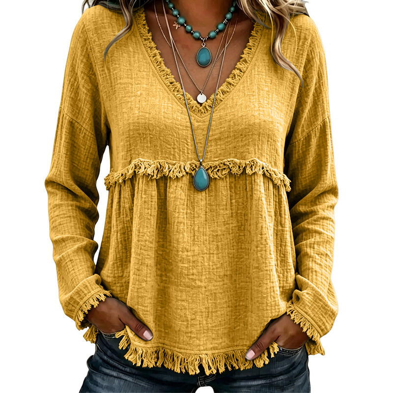 ☁️Relaxed Comfort, Everyday Wear👚 Women's V-Neck Long Sleeve Top – Lightweight Fabric, Easy to Style ✨