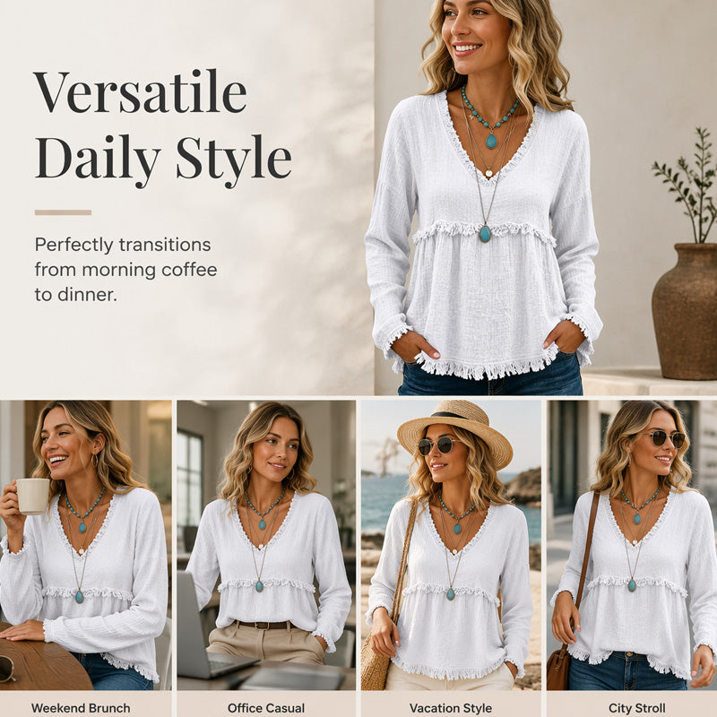 ☁️Relaxed Comfort, Everyday Wear👚 Women's V-Neck Long Sleeve Top – Lightweight Fabric, Easy to Style ✨