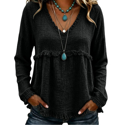 ☁️Relaxed Comfort, Everyday Wear👚 Women's V-Neck Long Sleeve Top – Lightweight Fabric, Easy to Style ✨