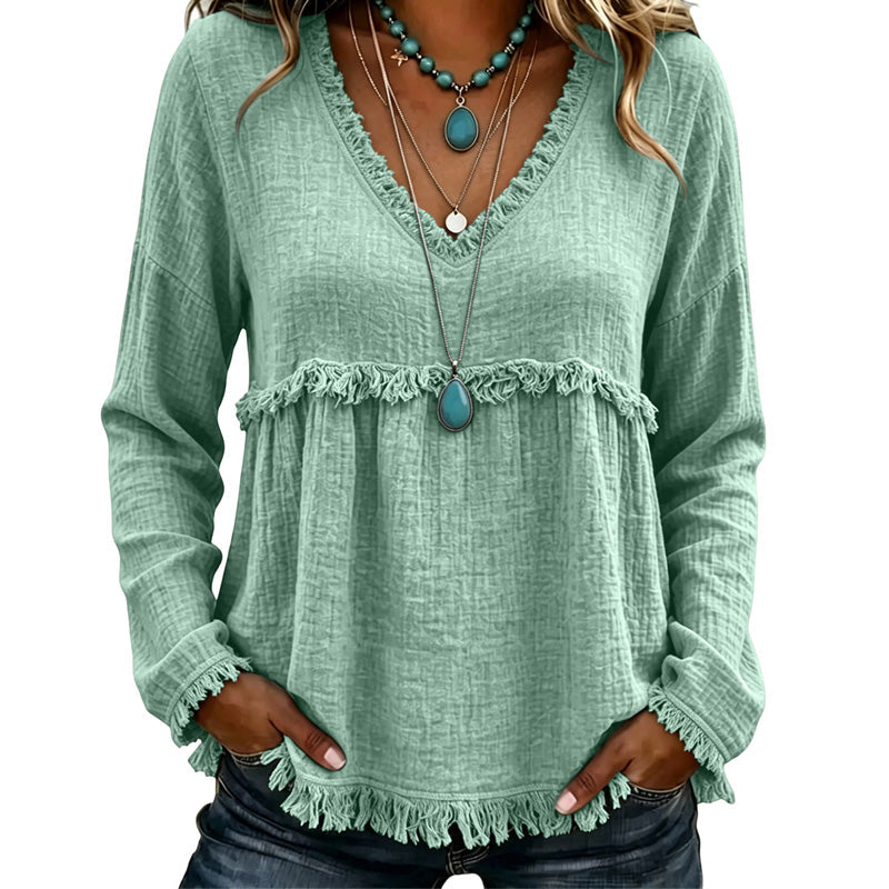 ☁️Relaxed Comfort, Everyday Wear👚 Women's V-Neck Long Sleeve Top – Lightweight Fabric, Easy to Style ✨