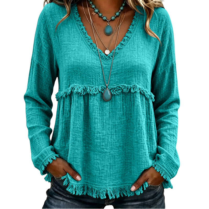 ☁️Relaxed Comfort, Everyday Wear👚 Women's V-Neck Long Sleeve Top – Lightweight Fabric, Easy to Style ✨