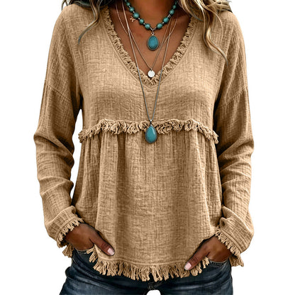 ☁️Relaxed Comfort, Everyday Wear👚 Women's V-Neck Long Sleeve Top – Lightweight Fabric, Easy to Style ✨