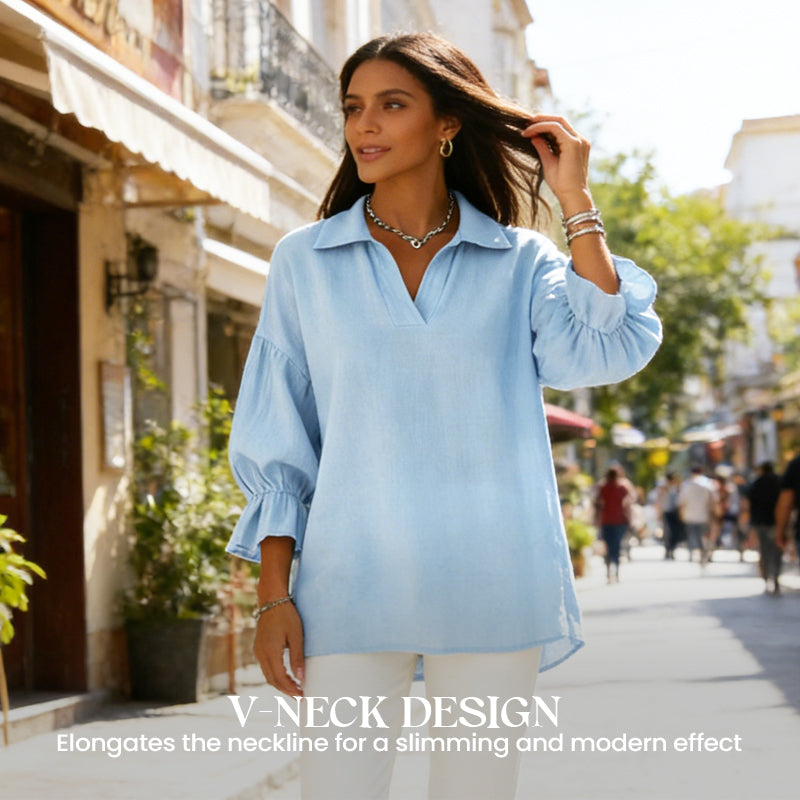 ☁️Relaxed Comfort, Everyday Style👚 Women's V-Neck Lantern Sleeve Top – Breathable & Crinkled Texture | Perfect for Casual Outings, Travel & Weekends, Easy to Wear ✨