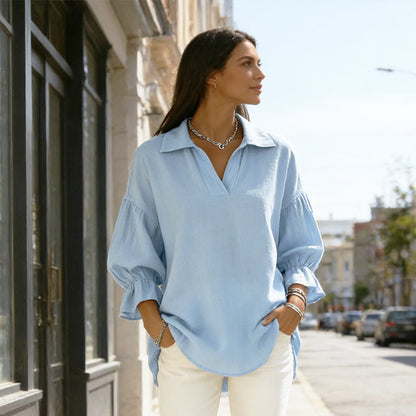 ☁️Relaxed Comfort, Everyday Style👚 Women's V-Neck Lantern Sleeve Top – Breathable & Crinkled Texture | Perfect for Casual Outings, Travel & Weekends, Easy to Wear ✨