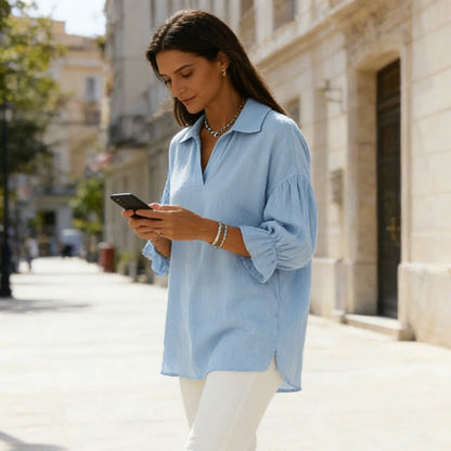 ☁️Relaxed Comfort, Everyday Style👚 Women's V-Neck Lantern Sleeve Top – Breathable & Crinkled Texture | Perfect for Casual Outings, Travel & Weekends, Easy to Wear ✨