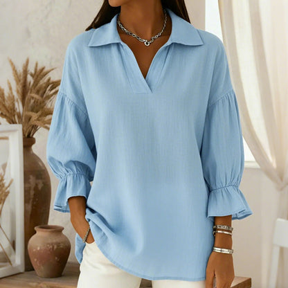 ☁️Relaxed Comfort, Everyday Style👚 Women's V-Neck Lantern Sleeve Top – Breathable & Crinkled Texture | Perfect for Casual Outings, Travel & Weekends, Easy to Wear ✨