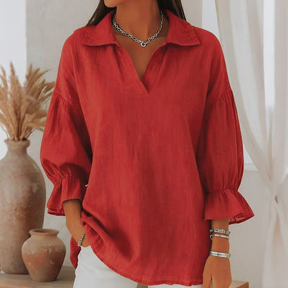 ☁️Relaxed Comfort, Everyday Style👚 Women's V-Neck Lantern Sleeve Top – Breathable & Crinkled Texture | Perfect for Casual Outings, Travel & Weekends, Easy to Wear ✨