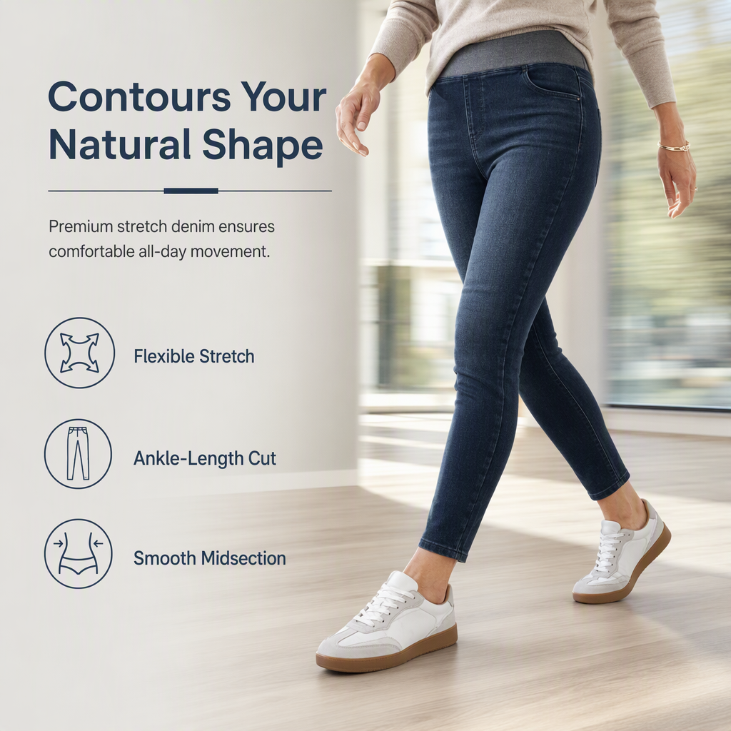 🤠👖 Women's High-Rise Pull-On Slim Fit Dark Wash Denim Jeans | Wide Elastic Waistband & Easy Comfort ✨