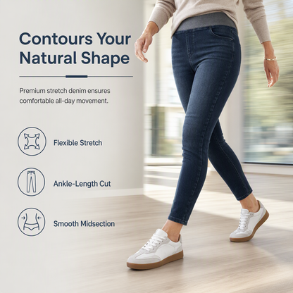 🤠👖 Women's High-Rise Pull-On Slim Fit Dark Wash Denim Jeans | Wide Elastic Waistband & Easy Comfort ✨