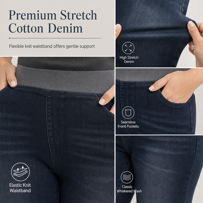 🤠👖 Women's High-Rise Pull-On Slim Fit Dark Wash Denim Jeans | Wide Elastic Waistband & Easy Comfort ✨