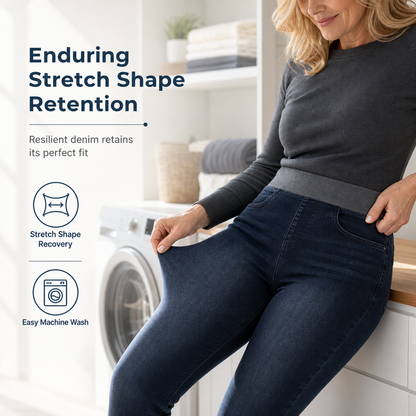 🤠👖 Women's High-Rise Pull-On Slim Fit Dark Wash Denim Jeans | Wide Elastic Waistband & Easy Comfort ✨