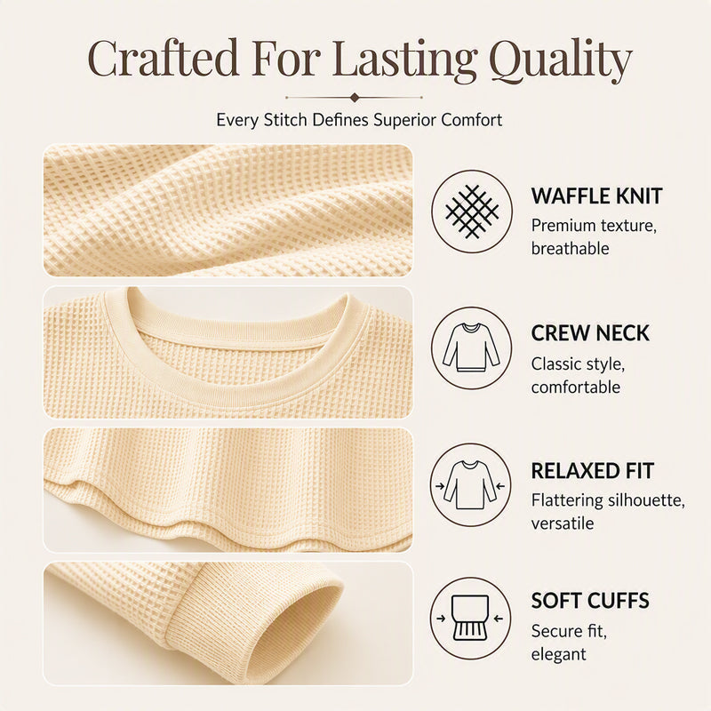 🧇Waffle Knit, Loose & Cozy👚 Women's Waffle-Knit Loose-Fit Sweatshirt – Soft & Relaxed ✨