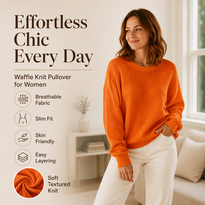 🧇Waffle Knit, Loose & Cozy👚 Women's Waffle-Knit Loose-Fit Sweatshirt – Soft & Relaxed ✨